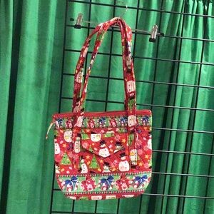 Vibrant Red quilted snowman Pattern Tote Bag
